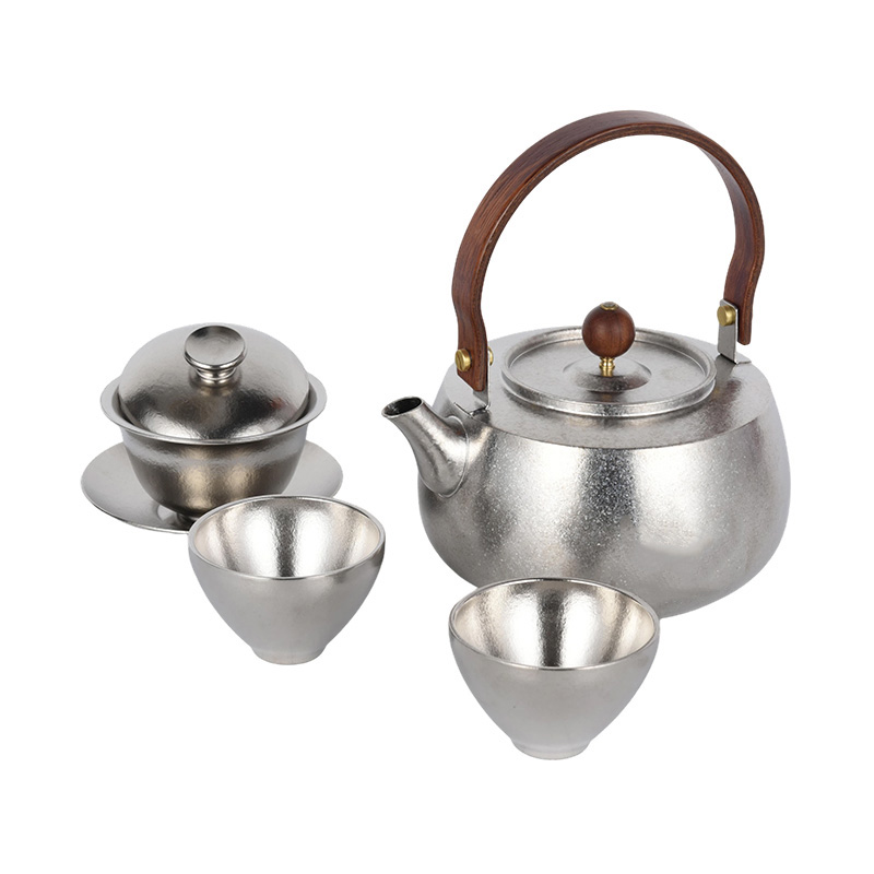 Titanium Tea Set Kettle with Wooden Handle Cups and Bowl